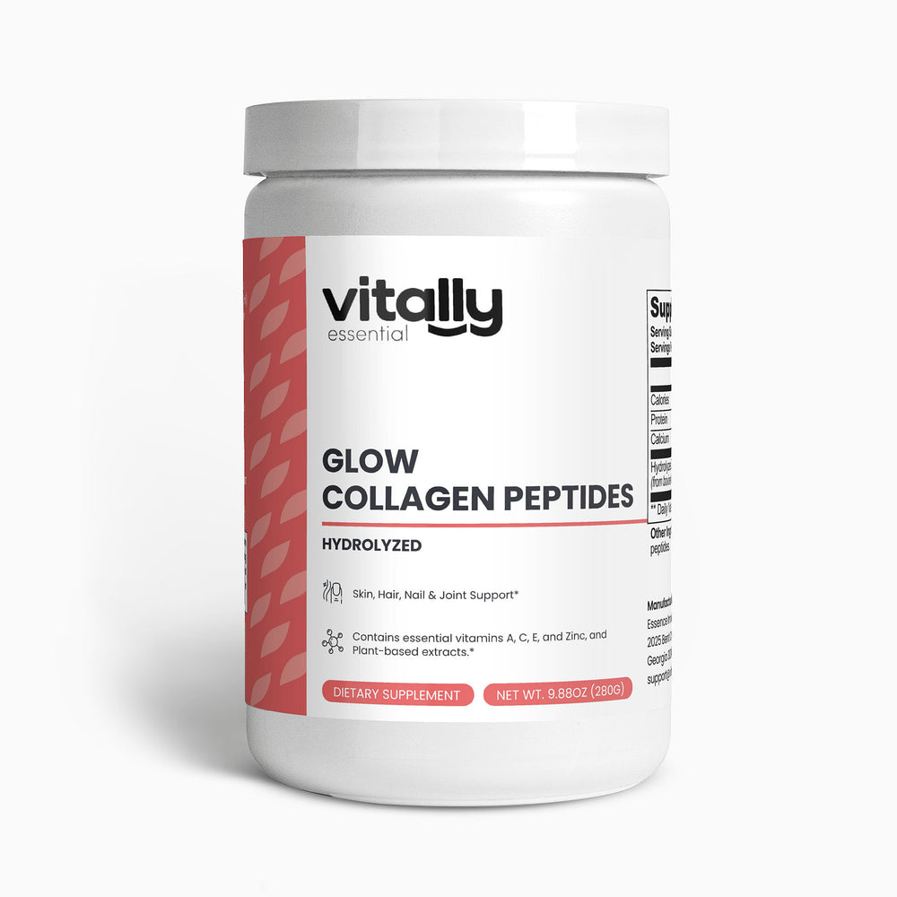 A white plastic supplement tub of Vitally Essential Glow Collagen Peptides, featuring a white label with a coral-pink side stripe and black text, set against a clean white background.