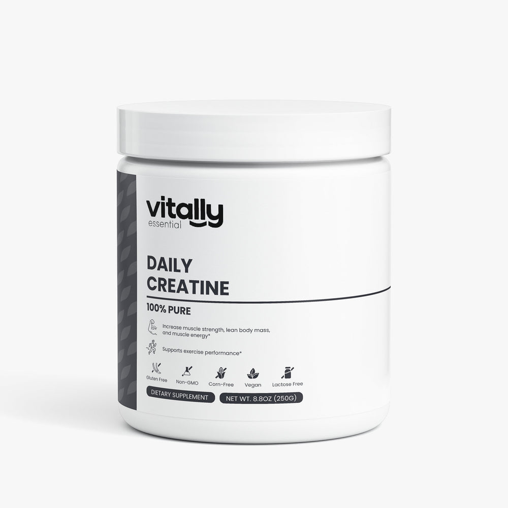 A white plastic tub of Vitally Essentials Daily Creatine dietary supplement with a white lid, set against a clean white background.
