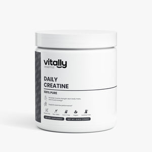 A white plastic tub of Vitally Essentials Daily Creatine dietary supplement with a white lid, set against a clean white background.