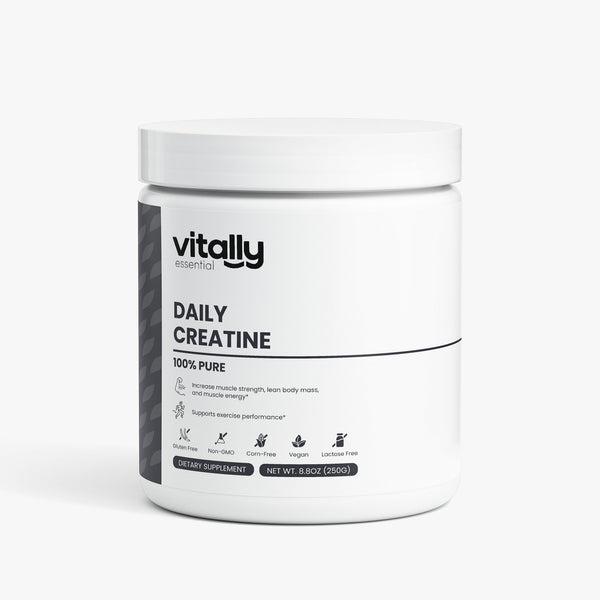 A white plastic tub of Vitally Essentials Daily Creatine dietary supplement with a white lid, set against a clean white background.