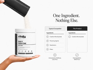 A hand holds a white tub of Vitally Essential Daily Creatine while powder pours from a black scoop above it. To the right, text reads 'One Ingredient.