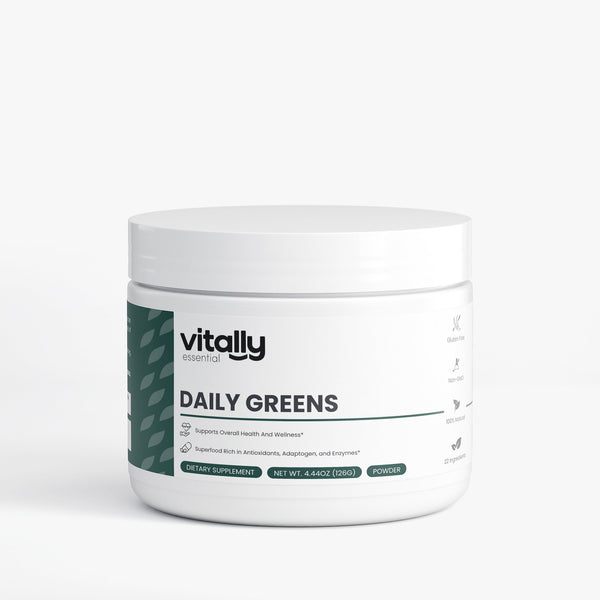 A white plastic jar of Vitally Essentials Daily Greens powder supplement, featuring a white label with a dark green side accent and black text, set against a clean white background.