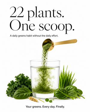 Promotional graphic for a green plant-based powder product, showing a gold scoop pouring green powder into a clear glass of water. The scene is surrounded by fresh green vegetables including kale, spinach, and wheat on a white background, with text reading '22 plants.