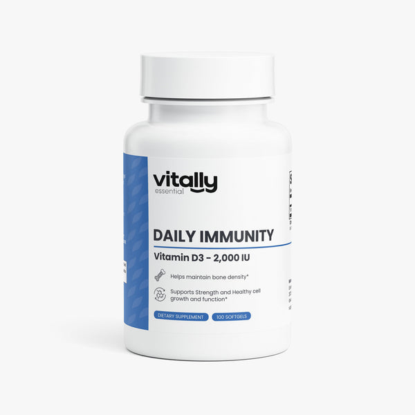 A white plastic bottle of Vitally Essentials Daily Immunity Vitamin D3 2,000 IU dietary supplement, featuring a white cap and a label with blue accents, set against a clean white background.