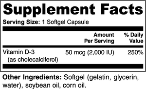 Supplement facts label for a vitamin D3 supplement with serving size, amount per serving, and other ingredients listed.