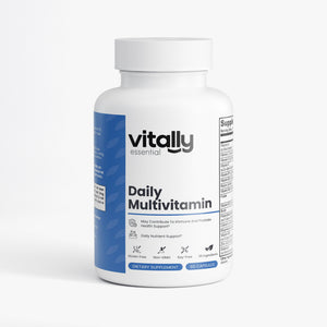 A white bottle of Vitally Essential Daily Multivitamin with a blue side label, shown on a clean white background.