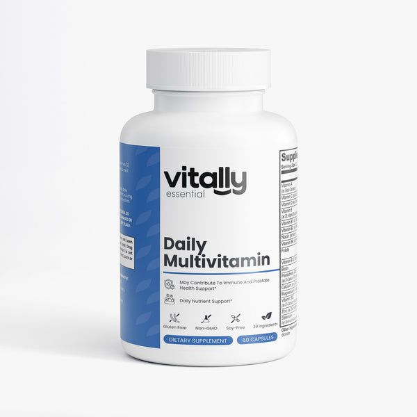 A white bottle of Vitally Essential Daily Multivitamin with a blue side label, shown on a clean white background.