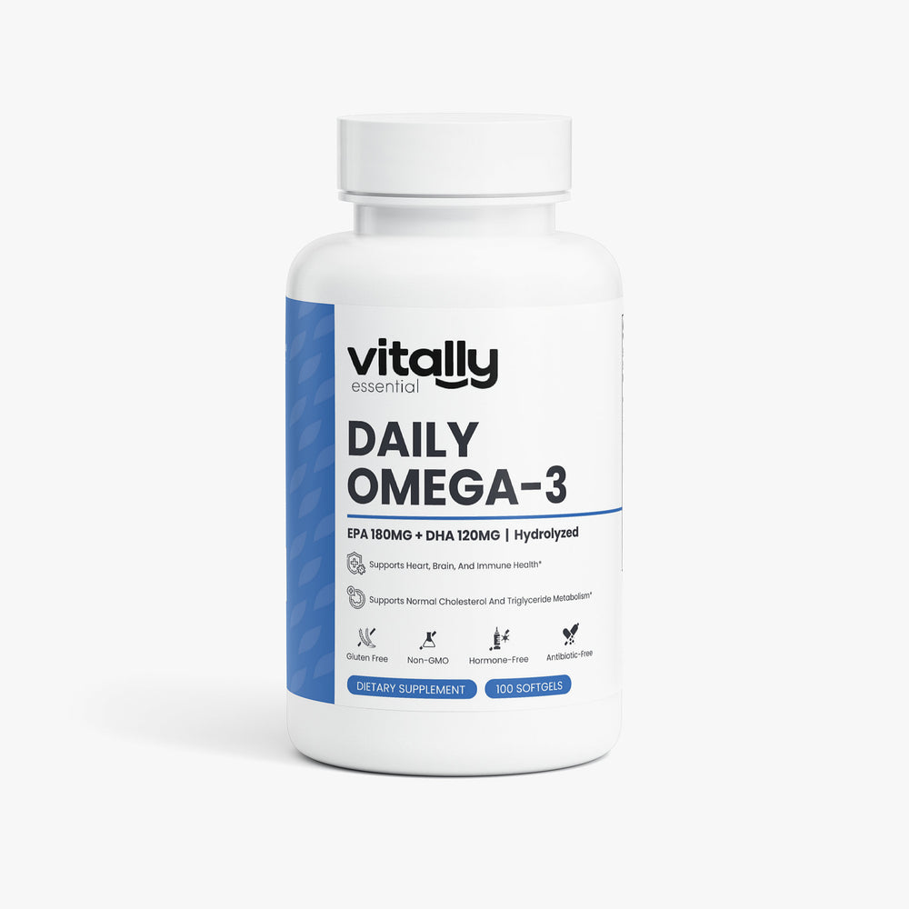 A white plastic bottle of Vitally Essential Daily Omega-3 dietary supplement with a blue and white label, shown on a light gray background.