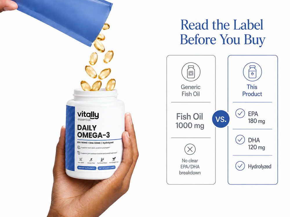 A white plastic bottle of Vitally Essential Daily Omega-3 dietary supplement with a blue and white label, shown on a light gray background.