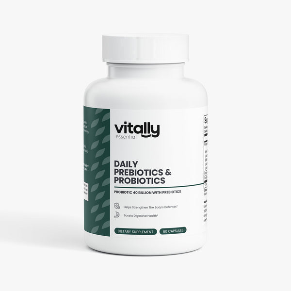 A white plastic bottle of Vitally Essential Daily Prebiotics & Probiotics dietary supplement, featuring a white cap and a label with a dark green side panel and white background.