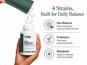 A hand holds a white bottle of Vitally Essential Daily Prebiotics & Probiotics, with white capsules pouring out from an open dark green spout above. The right side features text reading '4 Strains, Built for Daily Balance' with icons and descriptions for Gut Balance, Prebiotics, and Metabolic benefits.