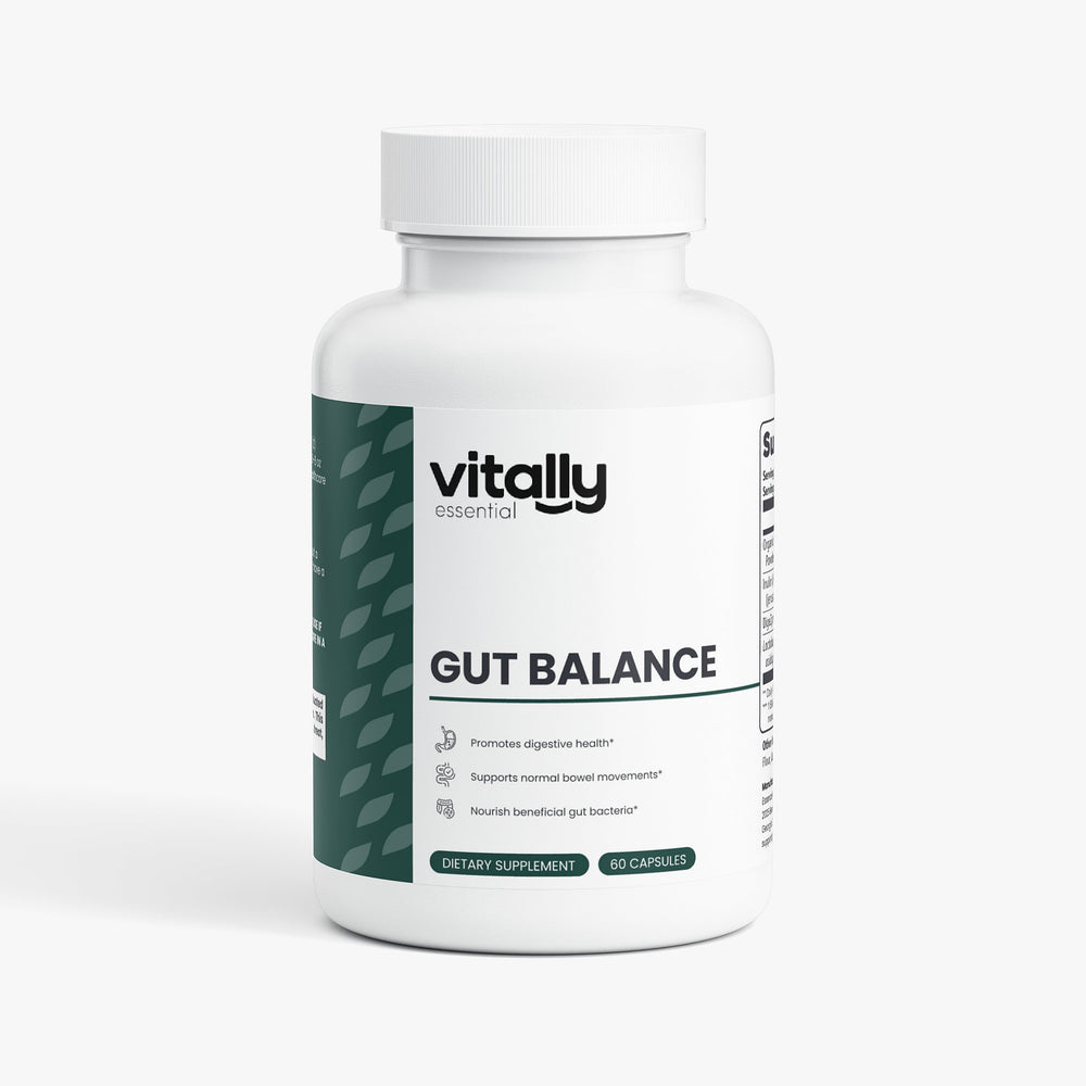A white plastic bottle of Vitally Essential Gut Balance dietary supplement with a white cap, featuring a dark green and white label on a light gray background.