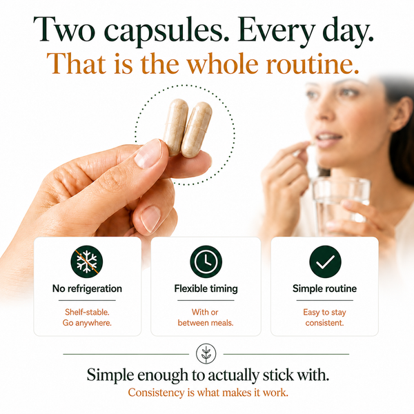 Promotional graphic for a daily supplement product showing a hand holding two capsules, a blurred woman taking a capsule, and three feature callouts: no refrigeration, flexible timing, and simple routine.