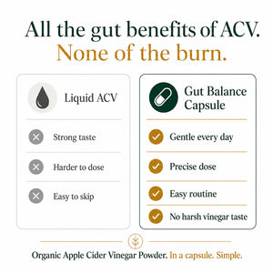 An infographic comparison graphic for Liquid ACV and Gut Balance Capsule. The left panel shows the pros and cons of Liquid ACV, including strong taste and harder to dose.