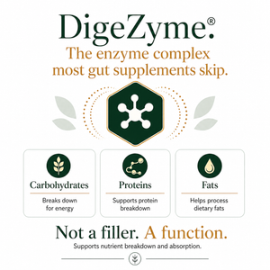 A promotional graphic for DigeZyme, an enzyme complex supplement. The design features a white background with dark green and gold typography, a central dark green hexagonal logo with a white enzyme molecule icon, and three circular icons below illustrating how the enzyme breaks down carbohydrates, proteins, and fats.