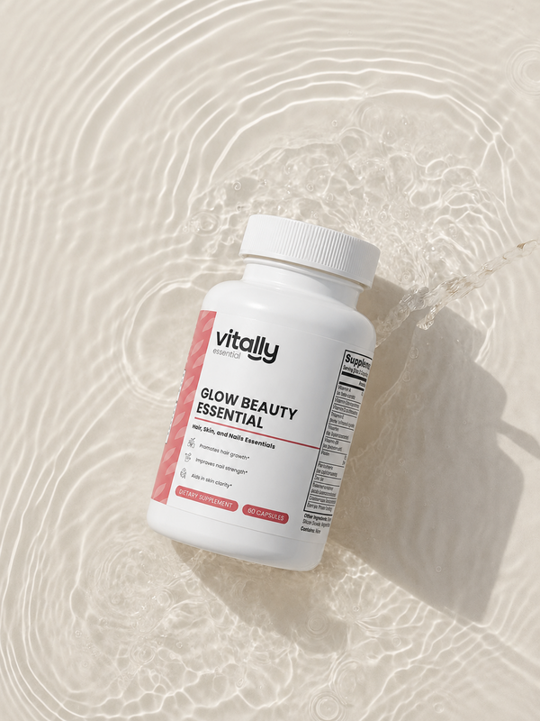 A white bottle of Vitally Essential Glow Beauty Essential dietary supplements, styled on a light beige surface with water ripple patterns and a splash behind it.