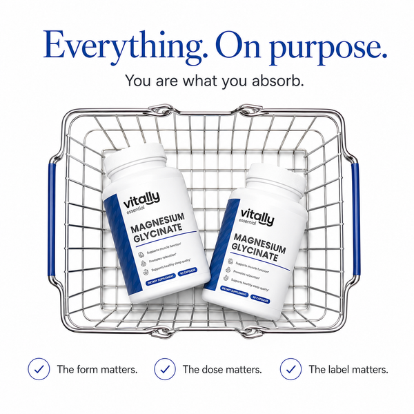 Two white bottles of Vitally Essential supplements Magnesium Glycinate placed inside a silver wire shopping basket on a white background, with promotional text above and three benefit callouts below.