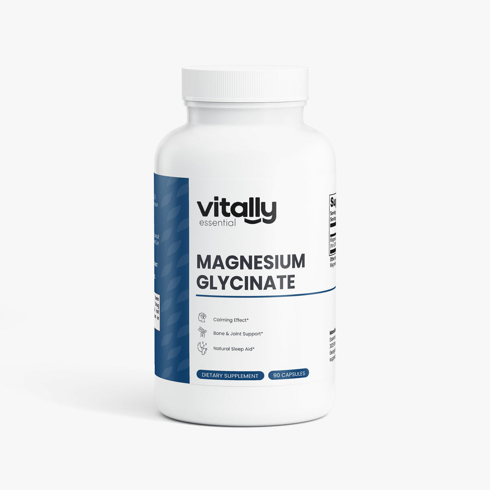 A white plastic bottle of Vitally Essential Magnesium Glycinate, 90 capsules, shown on a clean white background with a soft shadow.