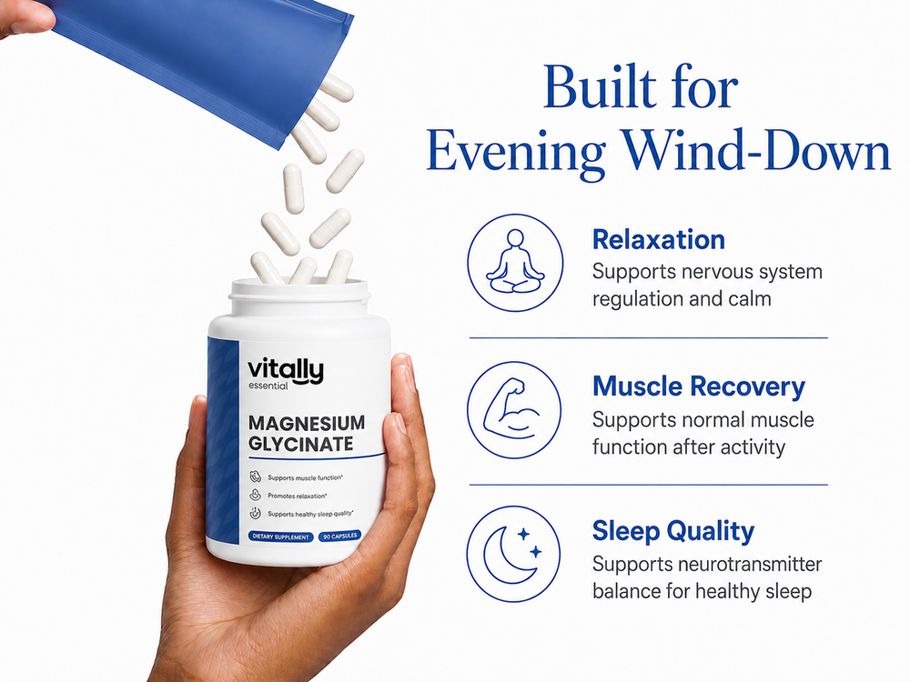 A white plastic bottle of Vitally Essential Magnesium Glycinate, 90 capsules, shown on a clean white background with a soft shadow.