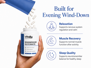 A hand holds a white bottle of Vitally Essential Magnesium Glycinate, with white capsules pouring out from a blue scoop. The right side features marketing text reading 'Built for Evening Wind-Down' with icons for Relaxation, Muscle Recovery, and Sleep Quality.