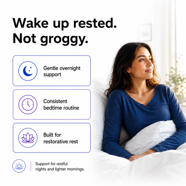 A woman in a blue long-sleeve top sits in bed under white bedding, with marketing text on a white background reading 'Wake up rested. Not groggy.