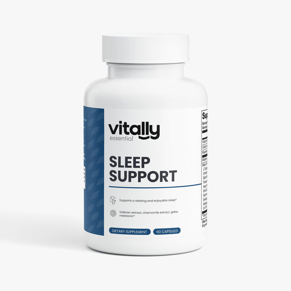 A white plastic bottle of Vitally Essential Sleep Support dietary supplement with a blue and white label, set against a clean white background.