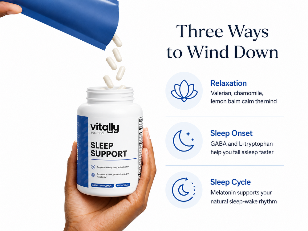 A white plastic bottle of Vitally Essential Sleep Support dietary supplement with a blue and white label, set against a clean white background.