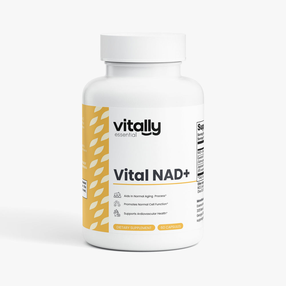A white bottle of Vitally Essential Vital NAD+ dietary supplement capsules, featuring a white label with yellow accents and black text, set against a light gray background.