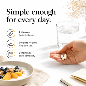 A hand holds two white capsules over a glass of water, with text reading 'Simple enough for every day.' and supporting icons for dosage, long-term use, and consistency.