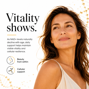 A promotional graphic with the text 'Vitality shows.' and supporting copy about NAD+ levels, alongside a smiling woman in a white sleeveless top on a light background with subtle gold abstract graphics.