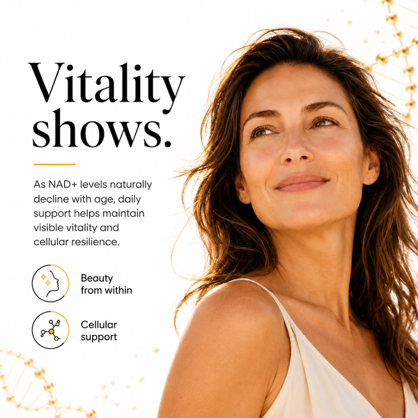 A promotional graphic with the text 'Vitality shows.' and supporting copy about NAD+ levels, alongside a smiling woman in a white sleeveless top on a light background with subtle gold abstract graphics.