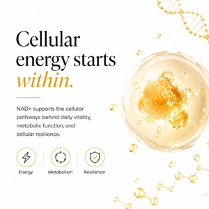 A white promotional graphic with the headline 'Cellular energy starts within.' in black and gold text, supporting copy about NAD+, and three circular icons labeled Energy, Metabolism, and Resilience.
