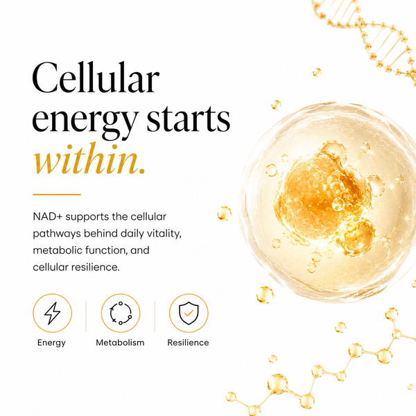 A white promotional graphic with the headline 'Cellular energy starts within.' in black and gold text, supporting copy about NAD+, and three circular icons labeled Energy, Metabolism, and Resilience.
