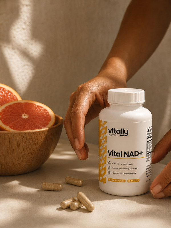 A hand reaches toward a white bottle labeled 'Vitally Essential Vital NAD+' on a warm beige surface, with a wooden bowl of grapefruit slices and scattered capsules nearby.