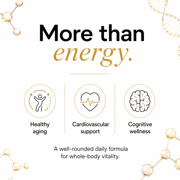 Promotional graphic with the text 'More than energy.' in black and gold on a white background, with three circular icons reading 'Healthy aging,' 'Cardiovascular support,' and 'Cognitive wellness,' plus decorative gold molecular and DNA-style illustrations.