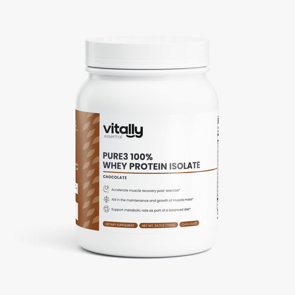A white plastic bottle of Vitally Essential Pure3 100% Whey Protein Isolate in Chocolate flavor, shown on a clean white background.