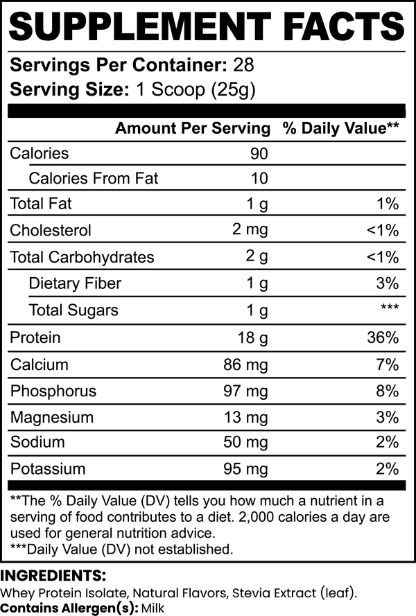 Nutrition label for a supplement showing calories, fat, carbohydrates, protein, and other nutrients per serving.