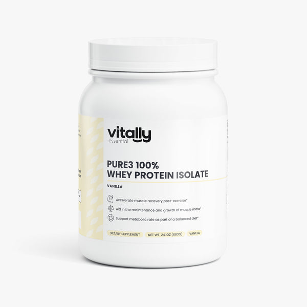 A white plastic bottle of Vitally Essential's Pure3 100% Whey Protein Isolate in Vanilla flavor, shown on a clean white background.