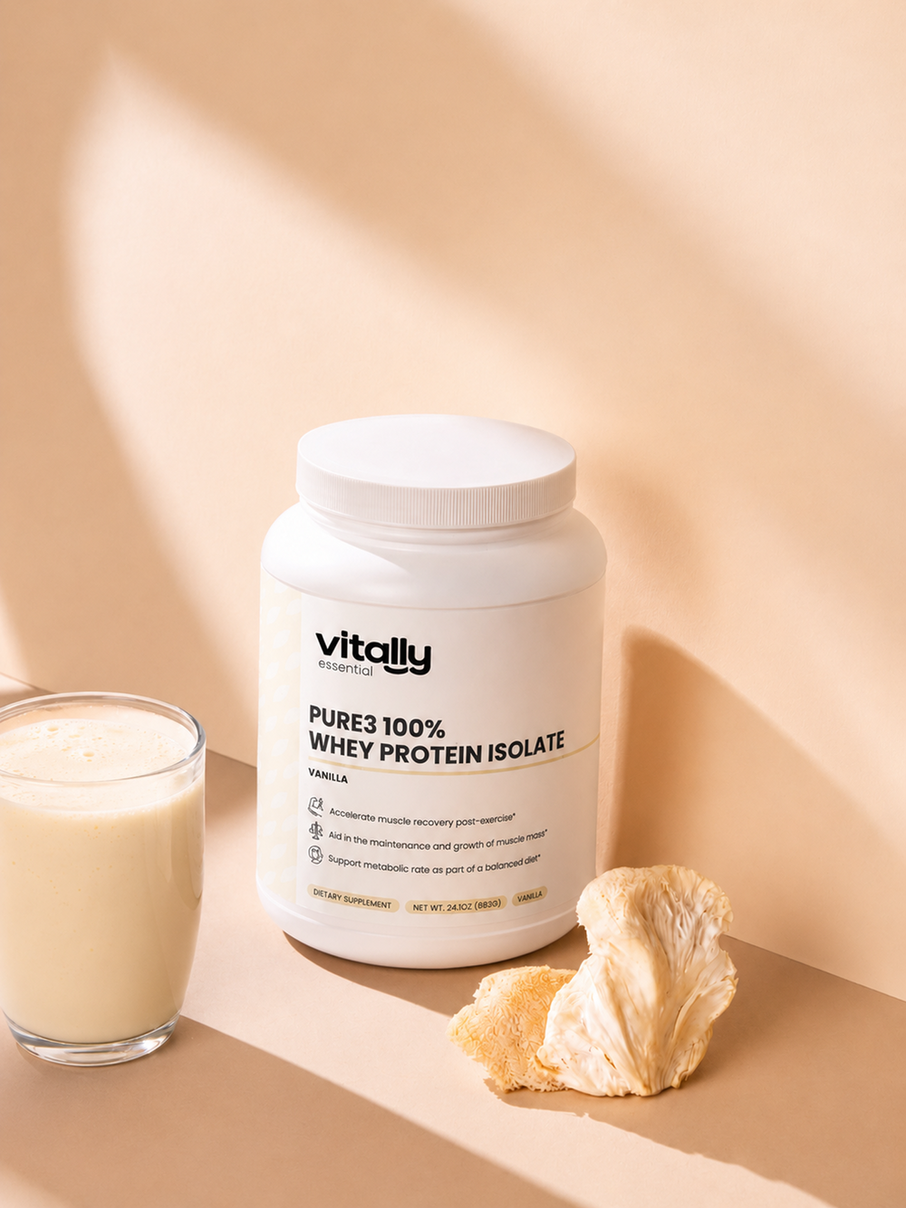 A white plastic bottle of Vitally Essential's Pure3 100% Whey Protein Isolate in Vanilla flavor, shown on a clean white background.