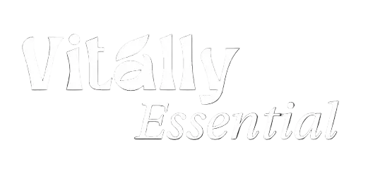 Text 'Vitally Essential' in a decorative font on a white background